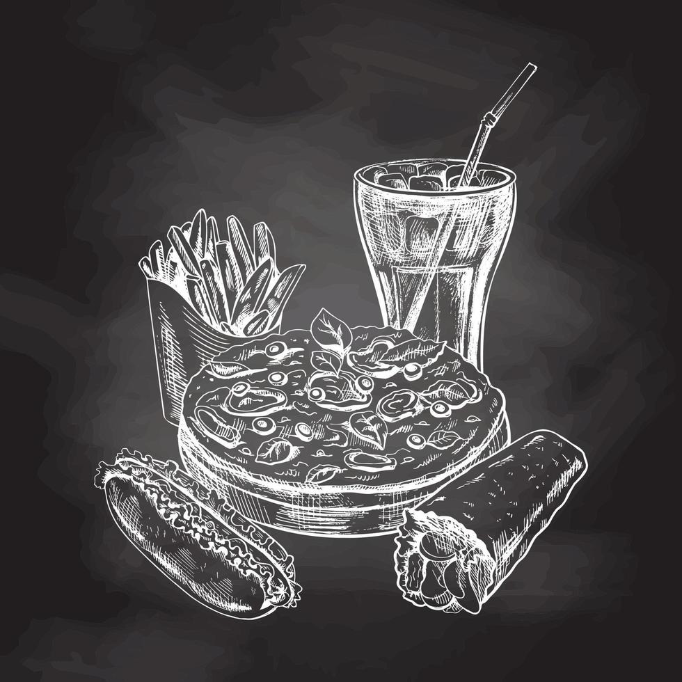 dibujado a mano blanco bosquejo de pizza, reajuste salarial vaso, burrito, francés papas fritas y caliente perro aislado en tiza antecedentes. monocromo basura comida Clásico ilustración. genial para menú, póster vector