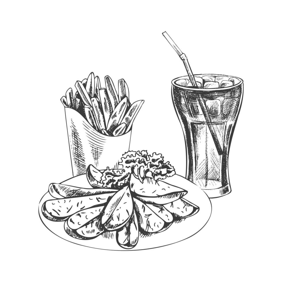 Hand-drawn sketch of french fries carton box,  cola glass and plate with slices of baked potatoes,  isolated. Monochrome junk food vintage illustration. Great for menu, poster vector