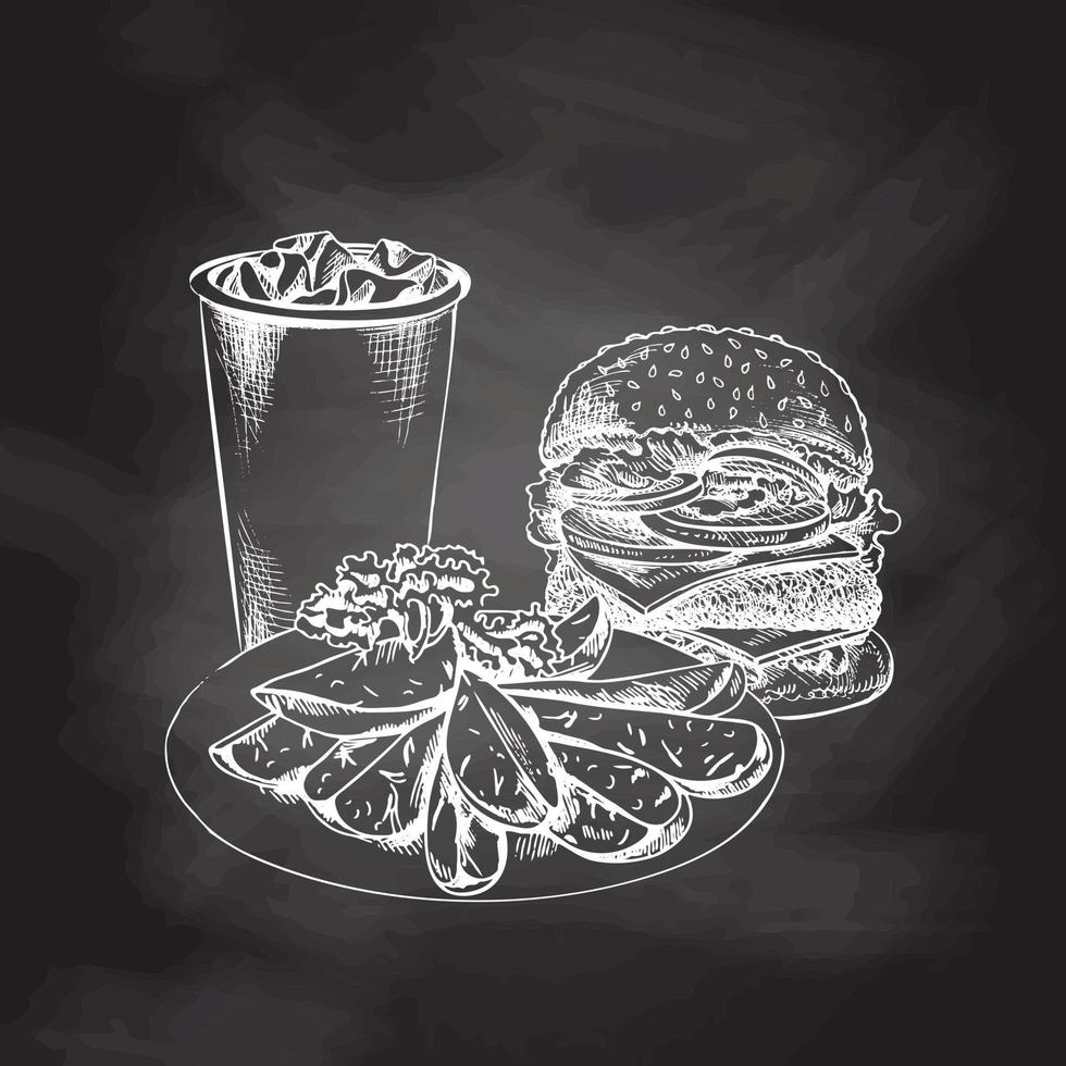 dibujado a mano blanco bosquejo de hamburguesa, papel taza de reajuste salarial y plato con rebanadas de horneado patatas en tiza antecedentes. monocromo basura comida Clásico ilustración. genial para menú, póster vector