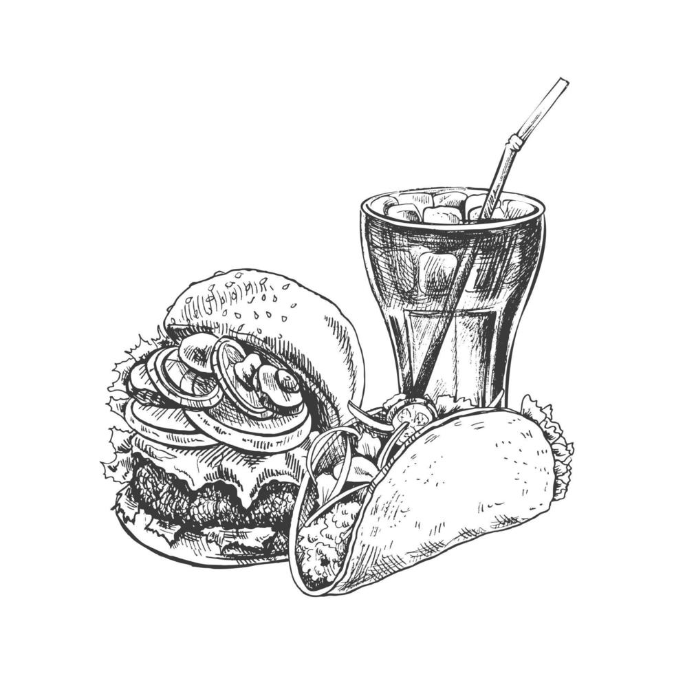 Hand-drawn sketch of burger, taco and cola glass,  isolated. Monochrome junk food vintage illustration. Great for menu, poster or restaurant background. vector