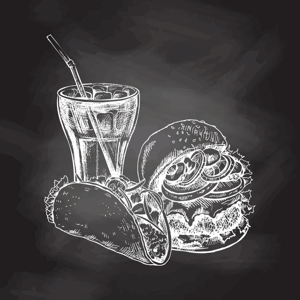 Hand-drawn white sketch of burger, taco and cola glass on chalk background. Monochrome junk food vintage illustration. Great for menu, poster or restaurant background. vector