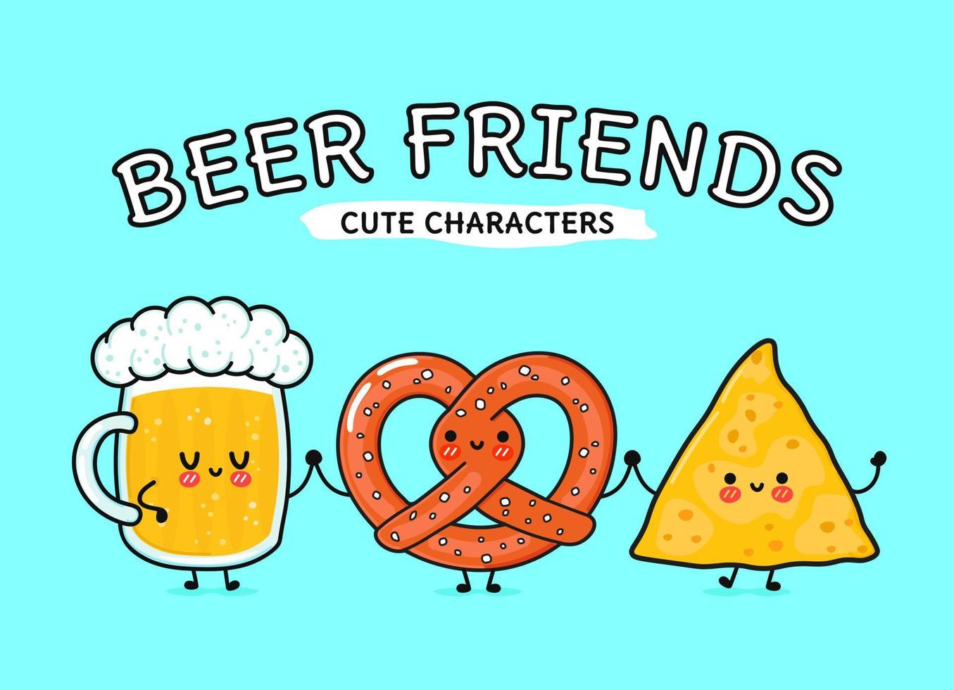 Cute, funny happy glass of beer, pretzel and nachos. Vector hand drawn cartoon kawaii characters, illustration icon. Funny cartoon glass of beer, pretzel and nachos mascot friends concept