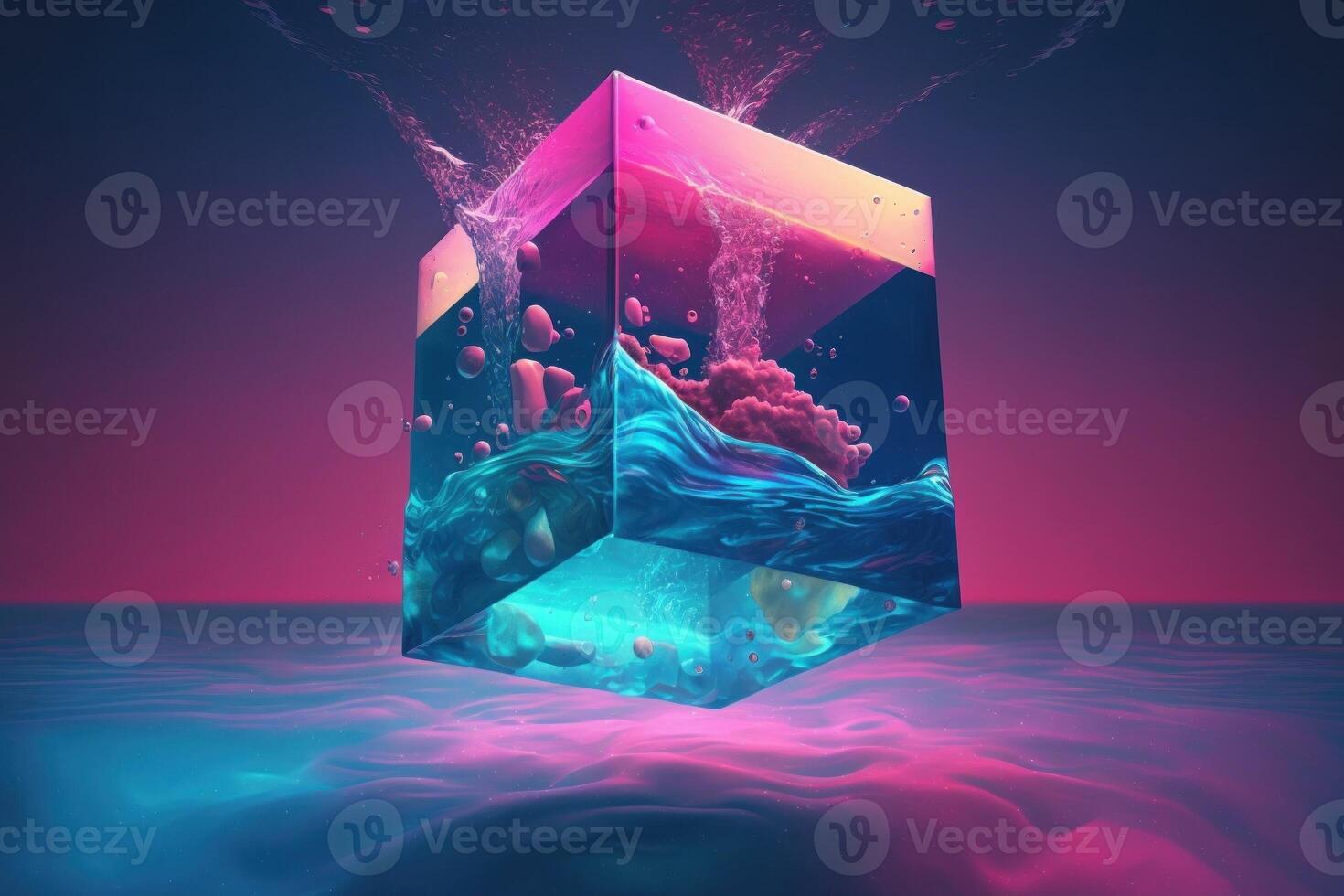 A cube with a blue and pink background under the water. Vapor wave background. photo