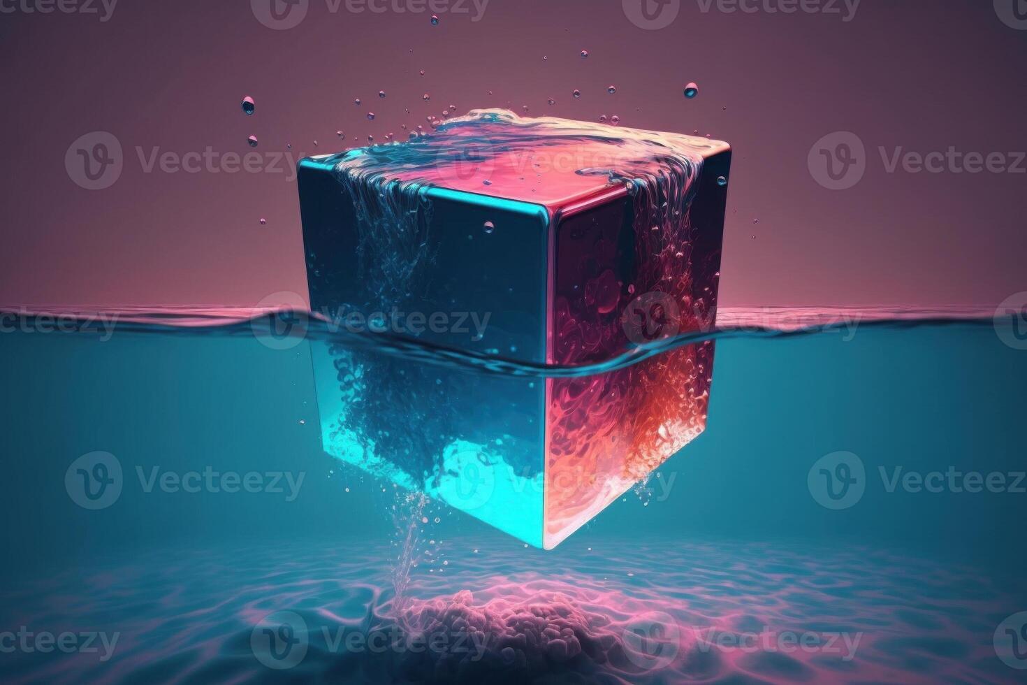 A cube with a blue and pink background under the water. Vapor wave background. photo