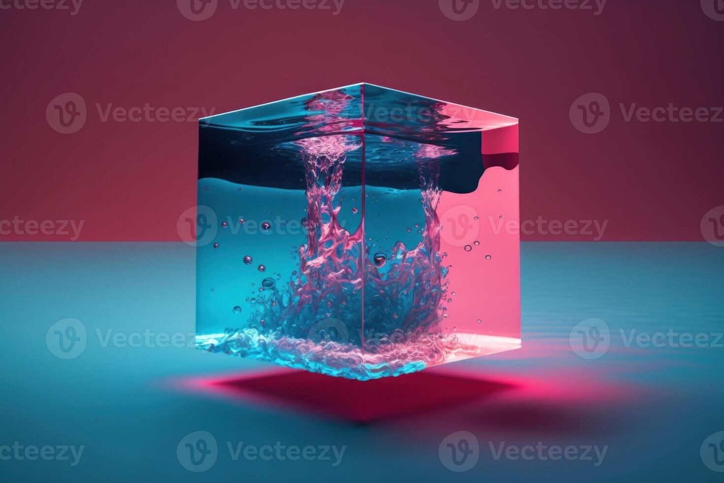 A cube with a blue and pink background under the water. Vapor wave background. photo