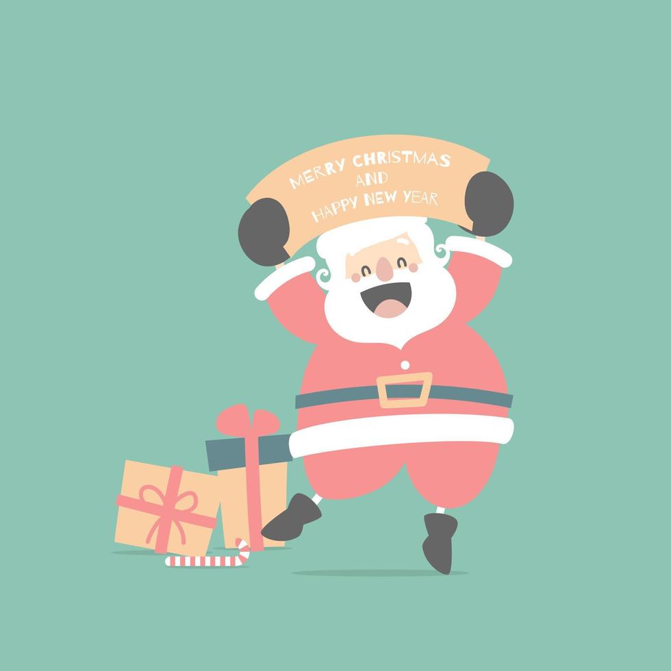 feliz navidad y feliz año nuevo con lindo santa claus y regalo presente en la temporada de invierno fondo verde, ilustración vectorial plana diseño de vestuario de personaje de dibujos animados vector