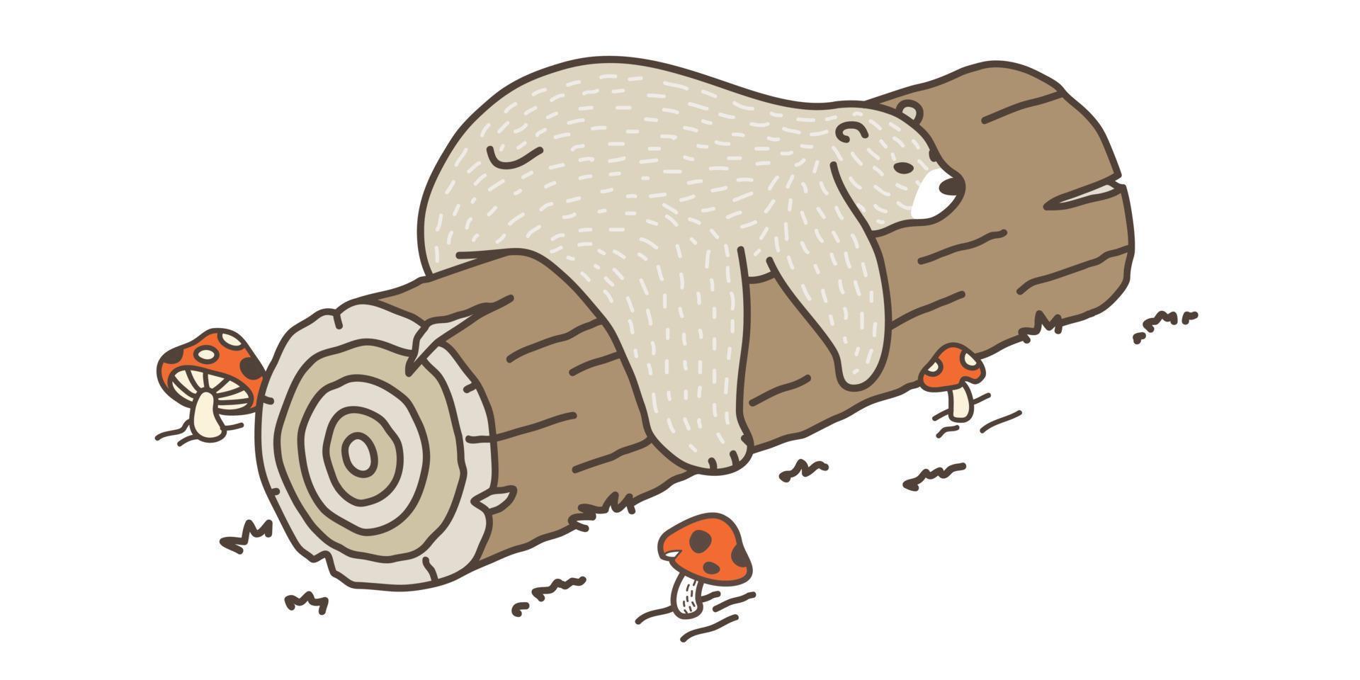Bear vector logo icon Polar Bear sleep on the log mushroom doodle illustration character cartoon