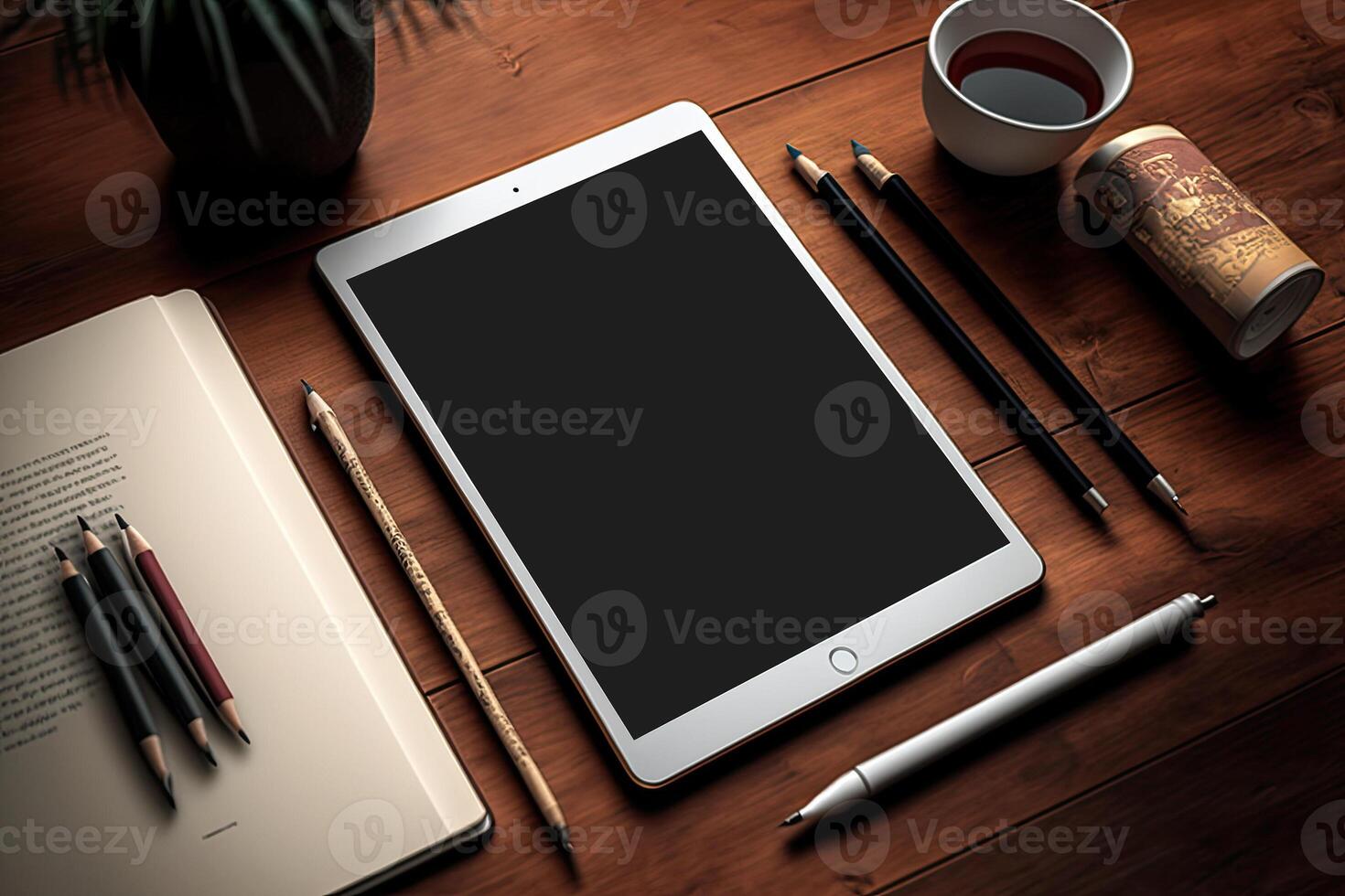 A tablet with a pencil on a wooden desk. photo