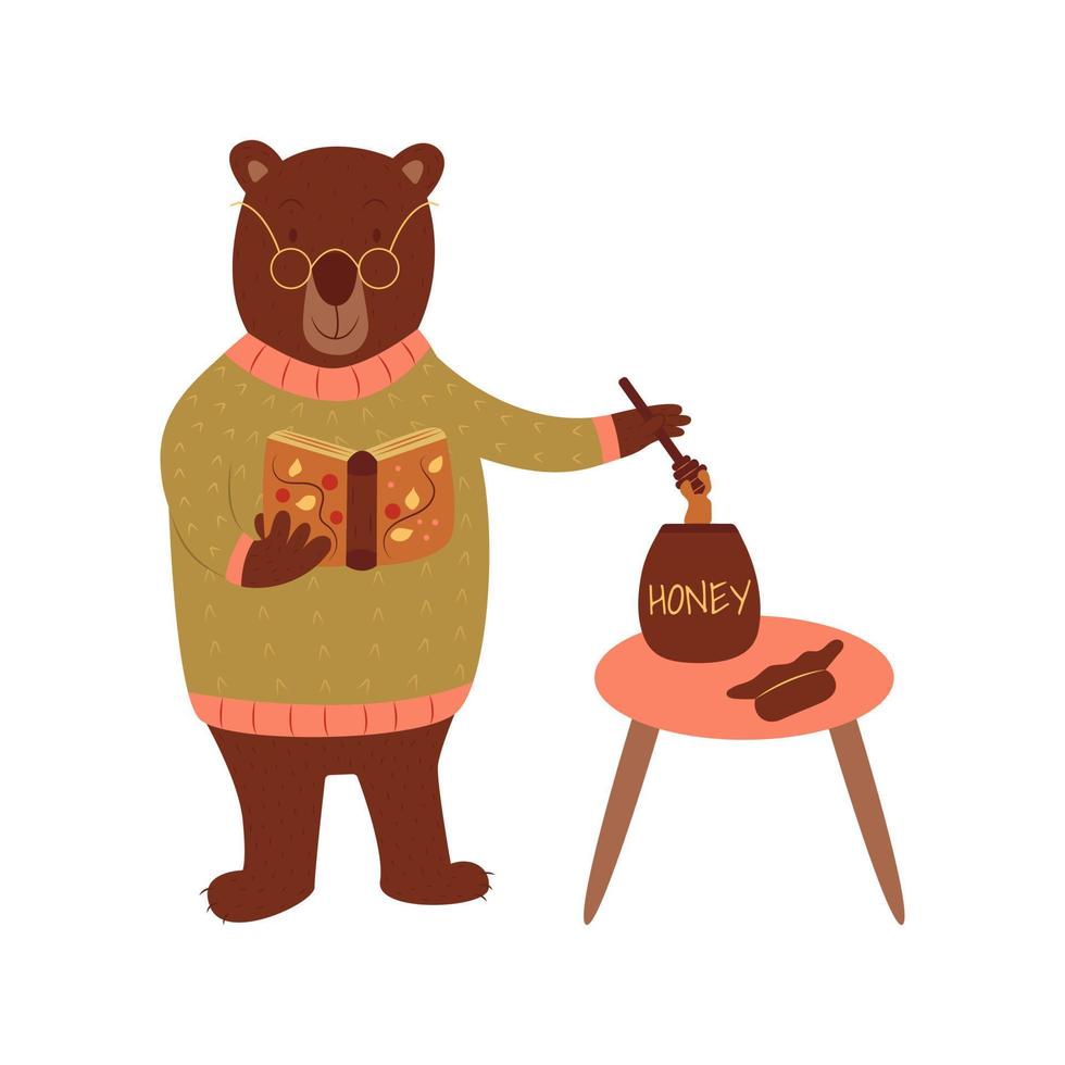 Cute bear with a book and honey. Vector cartoon