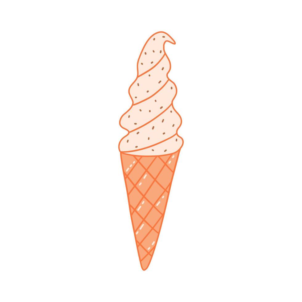 Ice cream in waffle cup. Vector doodle colorful