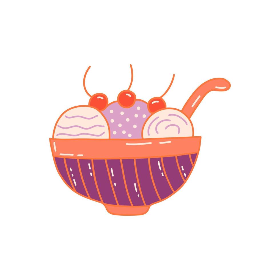 Ice cream balls with cherries. Vector doodle colorful