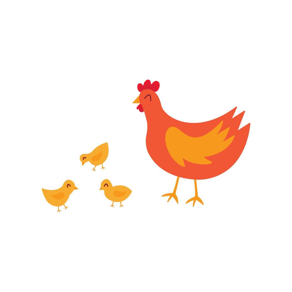 Chicken walks with chickens. Hand drawn vector