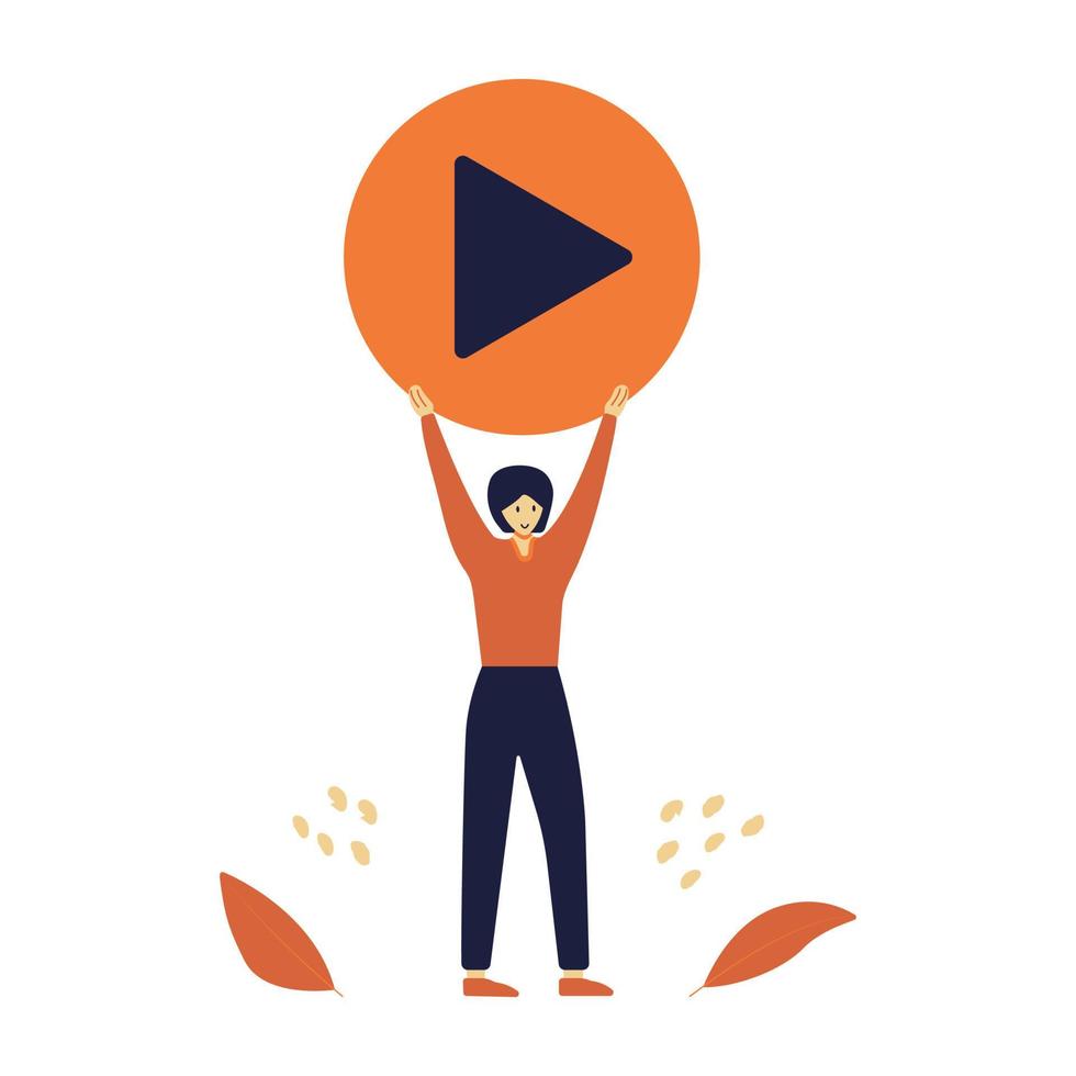 Girl stands and holds play button above her head vector