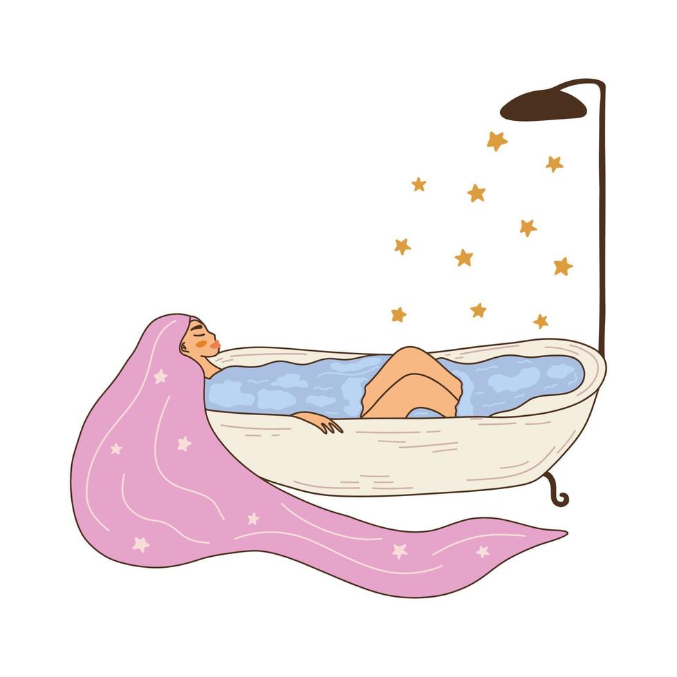Girl with long hair takes a bath. Vector