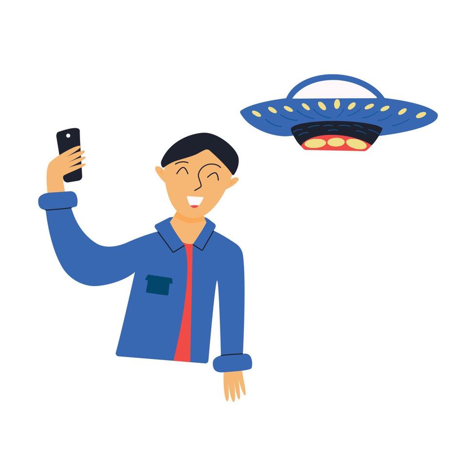 Guy takes selfie with UFO. Hand drawn vector