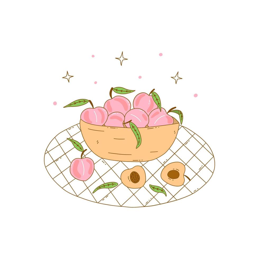 Bowl of ripe pink peaches stands on table. Vector