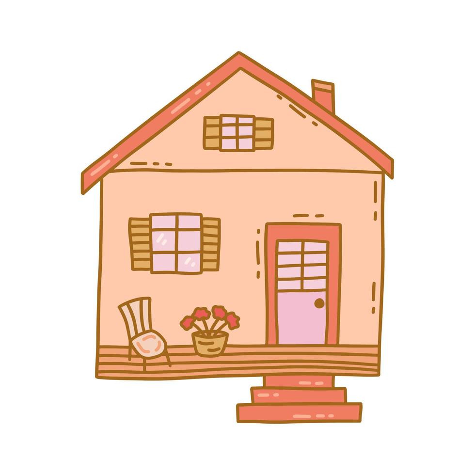 House with a terrace and stairs. Vector doodle