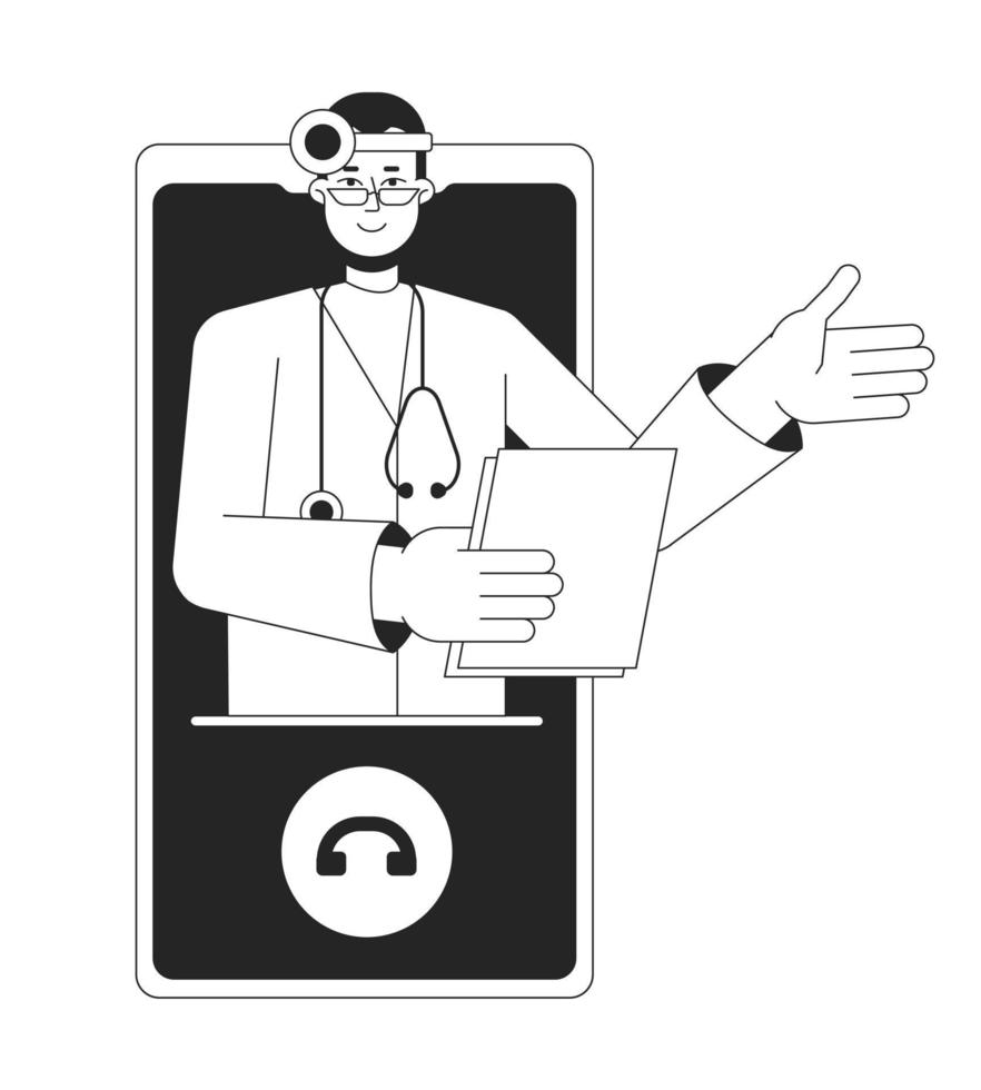 en línea ent médico en teléfono bw concepto vector Mancha ilustración. otorrinolaringólogo 2d dibujos animados plano línea monocromo personaje para web ui diseño. editable héroe imagen para aterrizaje página, móvil encabezamiento