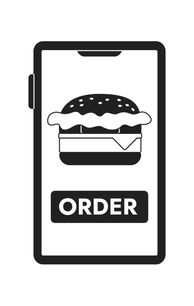 Mobile phone screen with fast food delivery app monochromatic flat vector object. Burger order. Editable thin line icon on white. Bw cartoon spot image for web graphic design