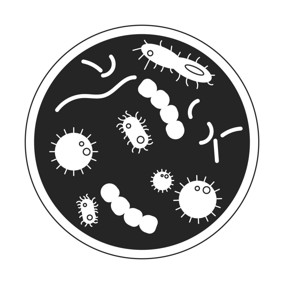 Glass with microorganisms, bacterias flat line black white vector object. Microbiology. Editable cartoon style icon. Simple isolated outline spot illustration for web graphic design and animation