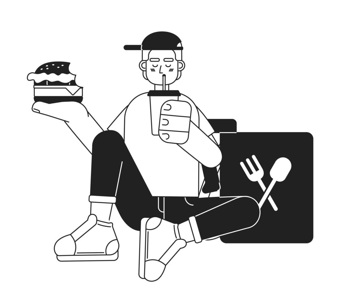 Food delivery teen worker eating cheeseburger, drinking monochromatic flat vector character. Editable thin line full body person on white. Bw cartoon spot image for web graphic design, animation