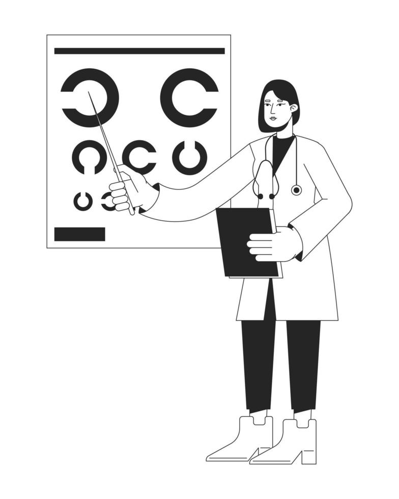 Female ophthalmologist with eye chart flat line black white vector character. Editable isolated outline full body person. Simple cartoon style spot illustration for web graphic design, animation