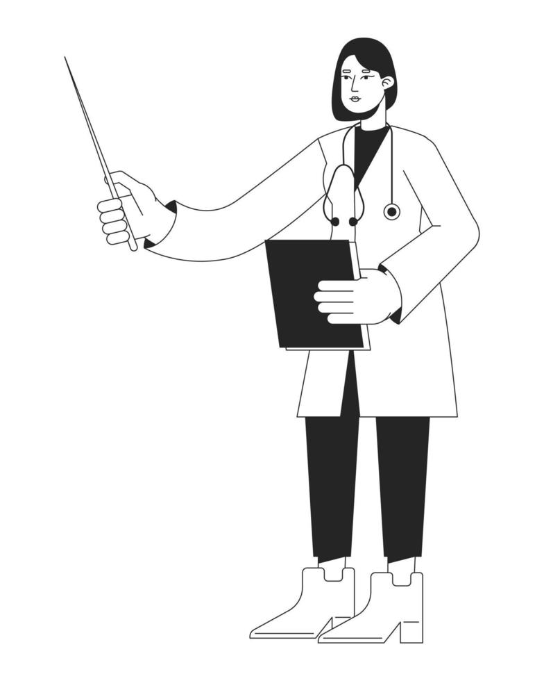 Female medical specialist with pointer stick flat line black white vector character. Editable isolated outline full body person. Simple cartoon spot illustration for web graphic design, animation