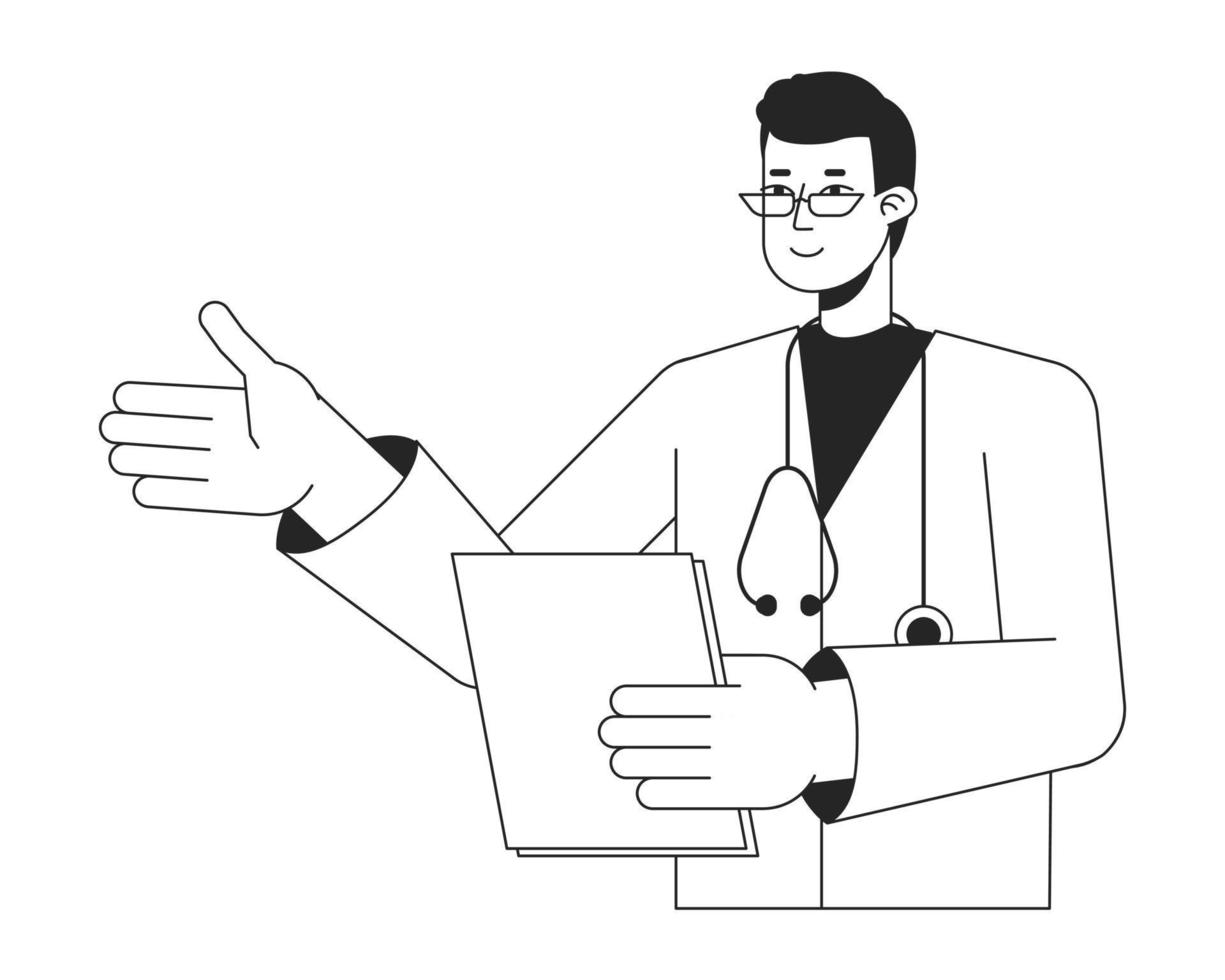 Male doctor with medical clipboard flat line black white vector character. Editable isolated outline half body person. MD simple cartoon style spot illustration for web graphic design, animation