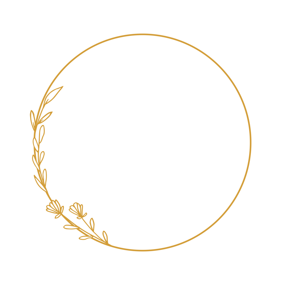 elegant gouden cirkel bloemen grens met hand- getrokken bladeren en bloemen voor bruiloft uitnodiging, dank u kaart, logo, groet kaart png