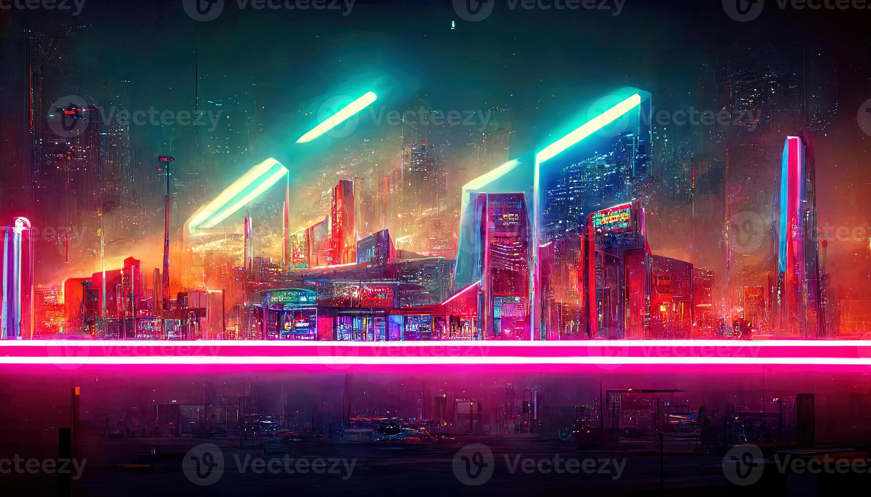 Exceptional Glowing neon infrastructure in futuristic synthwave city. photo