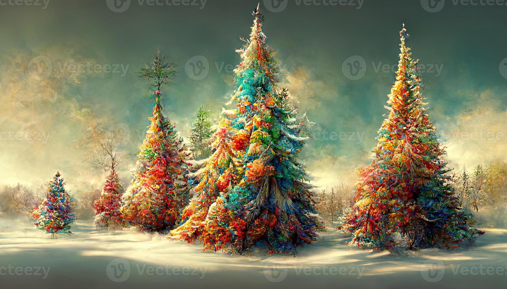 Amazing Decorated christmas trees in winter forest as wallpaper header. photo