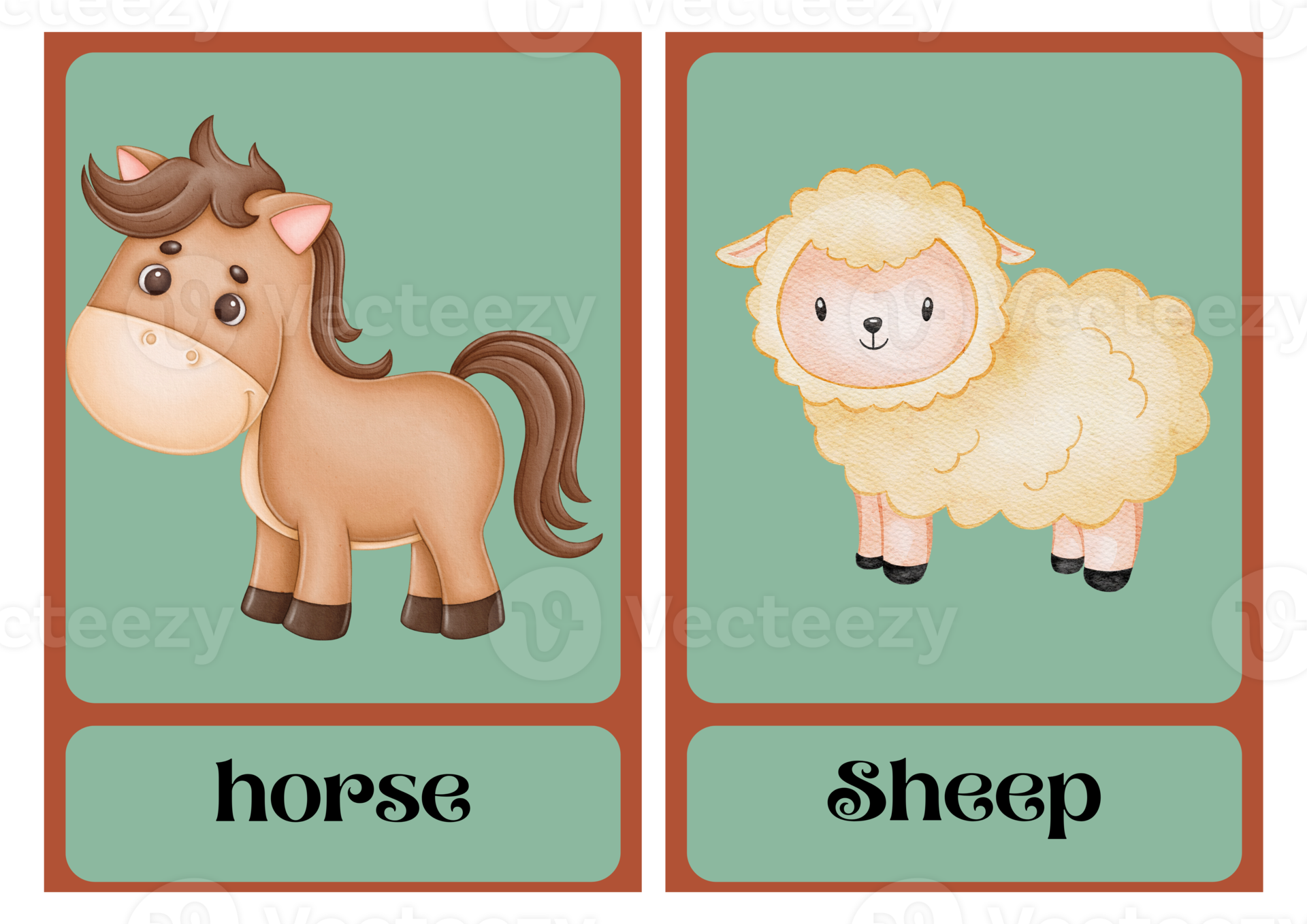 Free Colorful watercolor animal flashcards are perfect for young