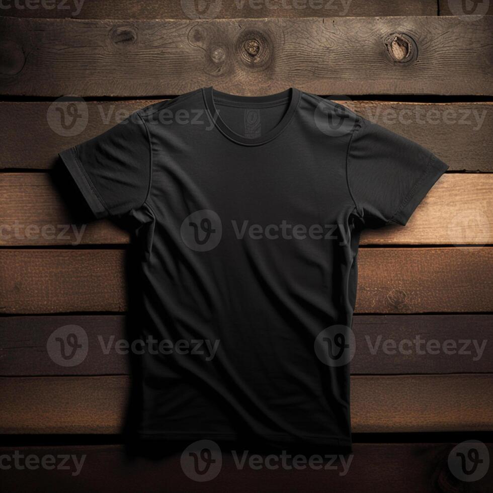 blank black t-shirt on a wooden surface, photo