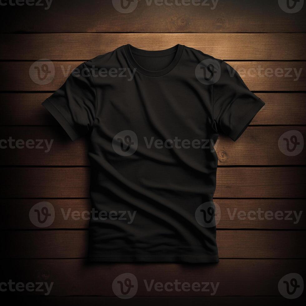 blank black t-shirt on a wooden surface, photo