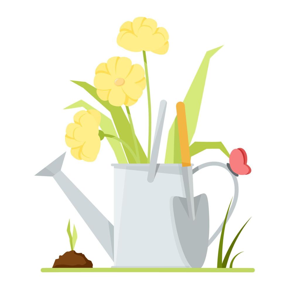 Large metal watering can with flowers, a small spatula and a butterfly vector