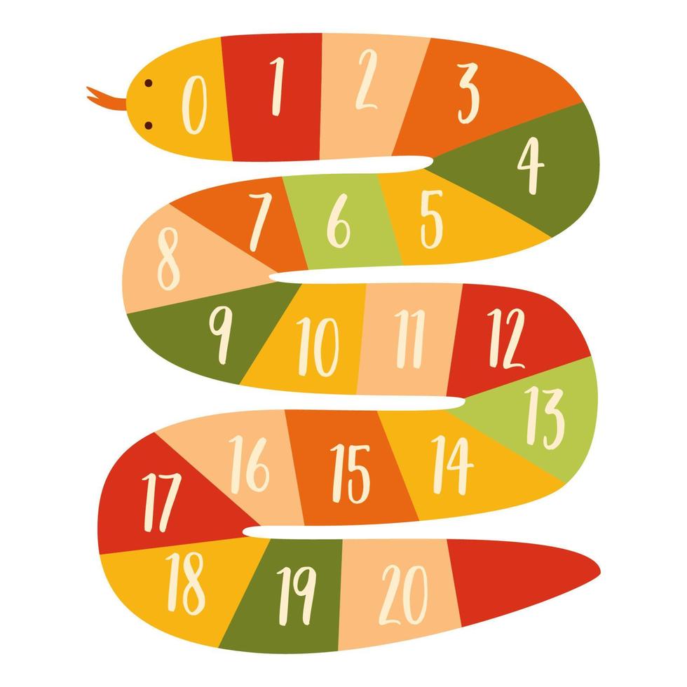 Kids numbers poster. Baby wall art with numbers into funny snake shape. Cartoon nursery poster. Cute numeral signs for mathematics, arithmetic studying. Kids education collection. Vector illustration