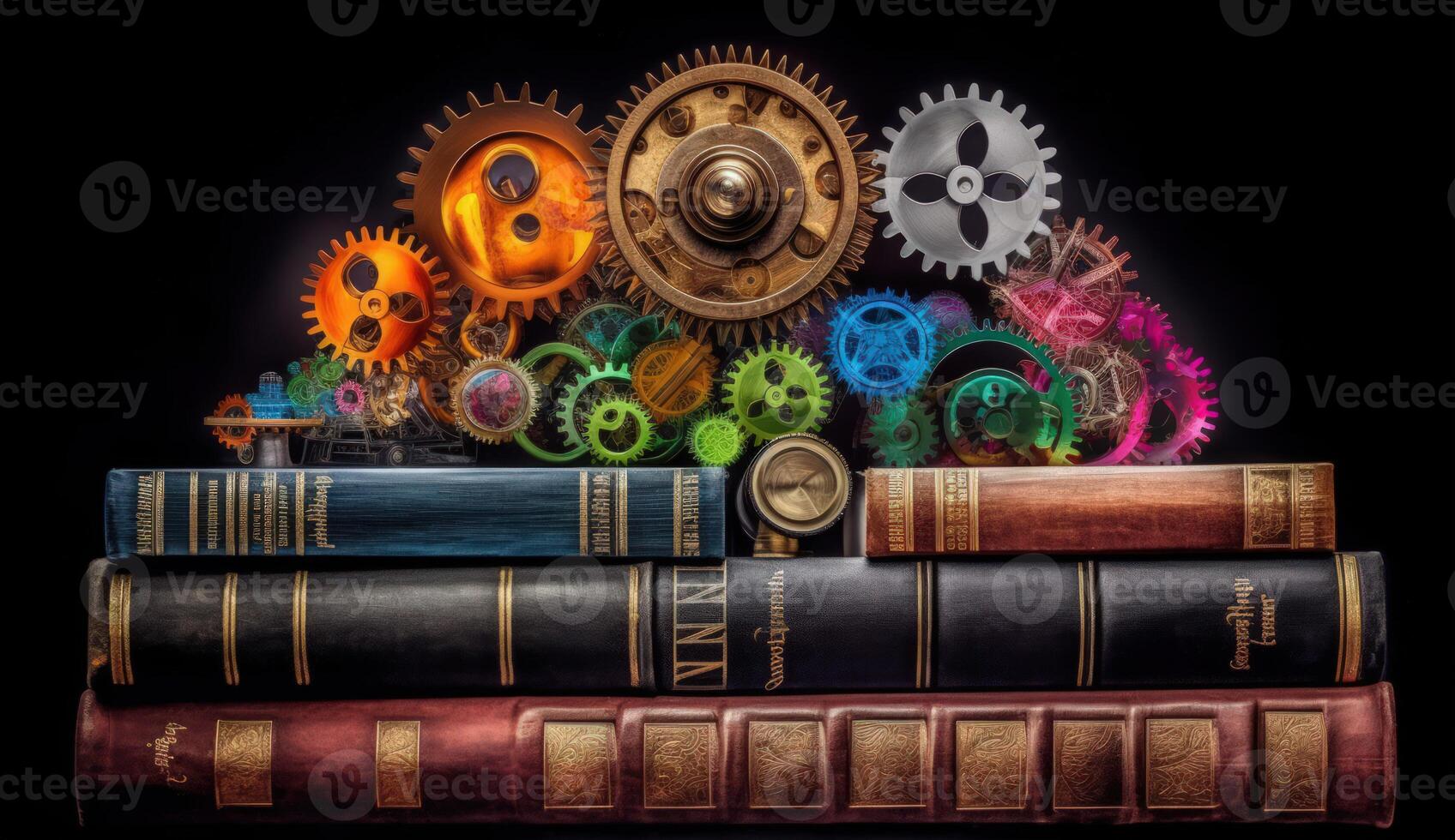 Brain with Colorful Gears and Books on Dark Background, Representing Education, Creativity, and Intellectual Growth. photo