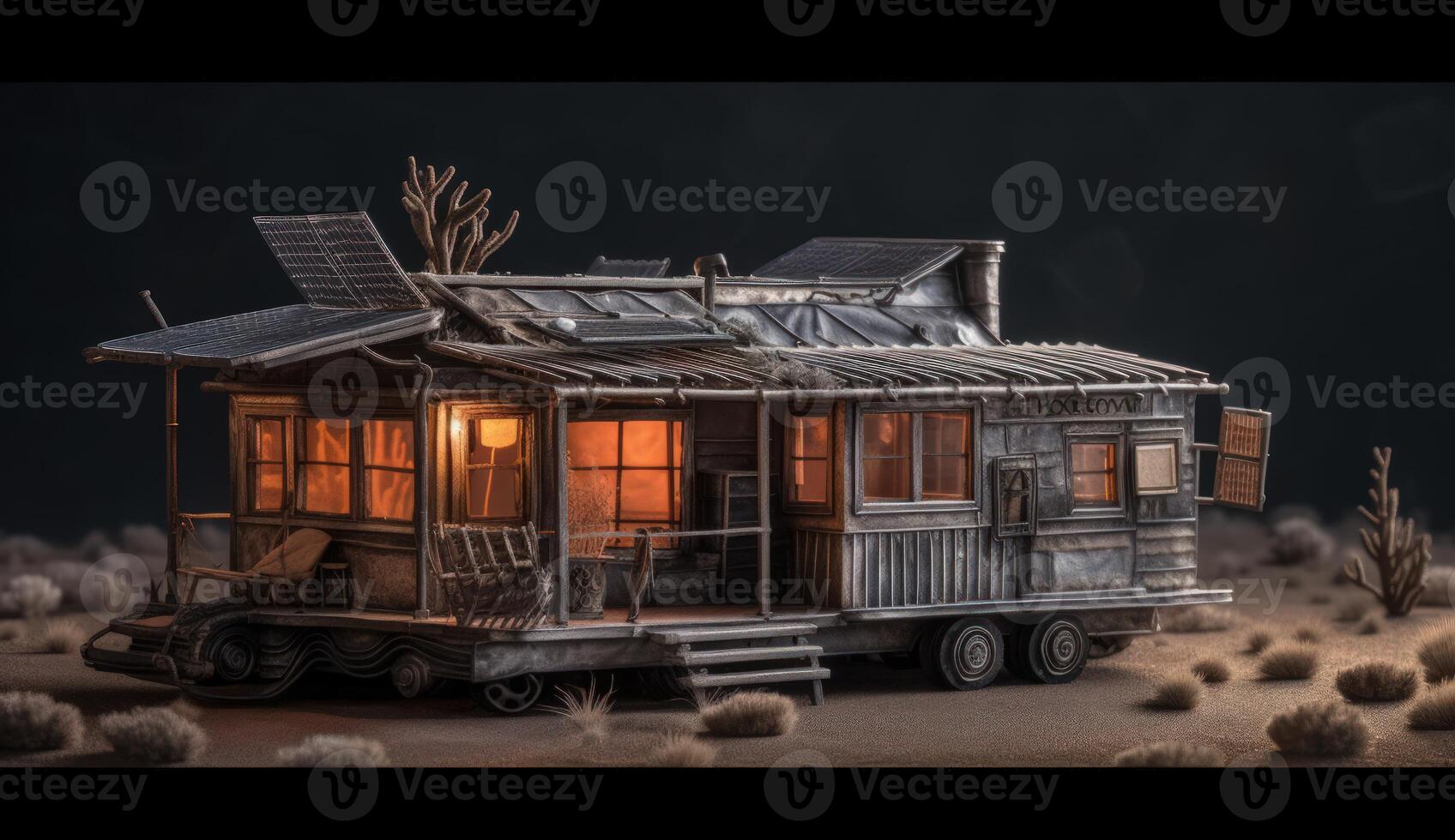 Photorealistic Fantasy House in the Desert, Equipped with Solar Panels for Sustainable Energy Solutions. photo