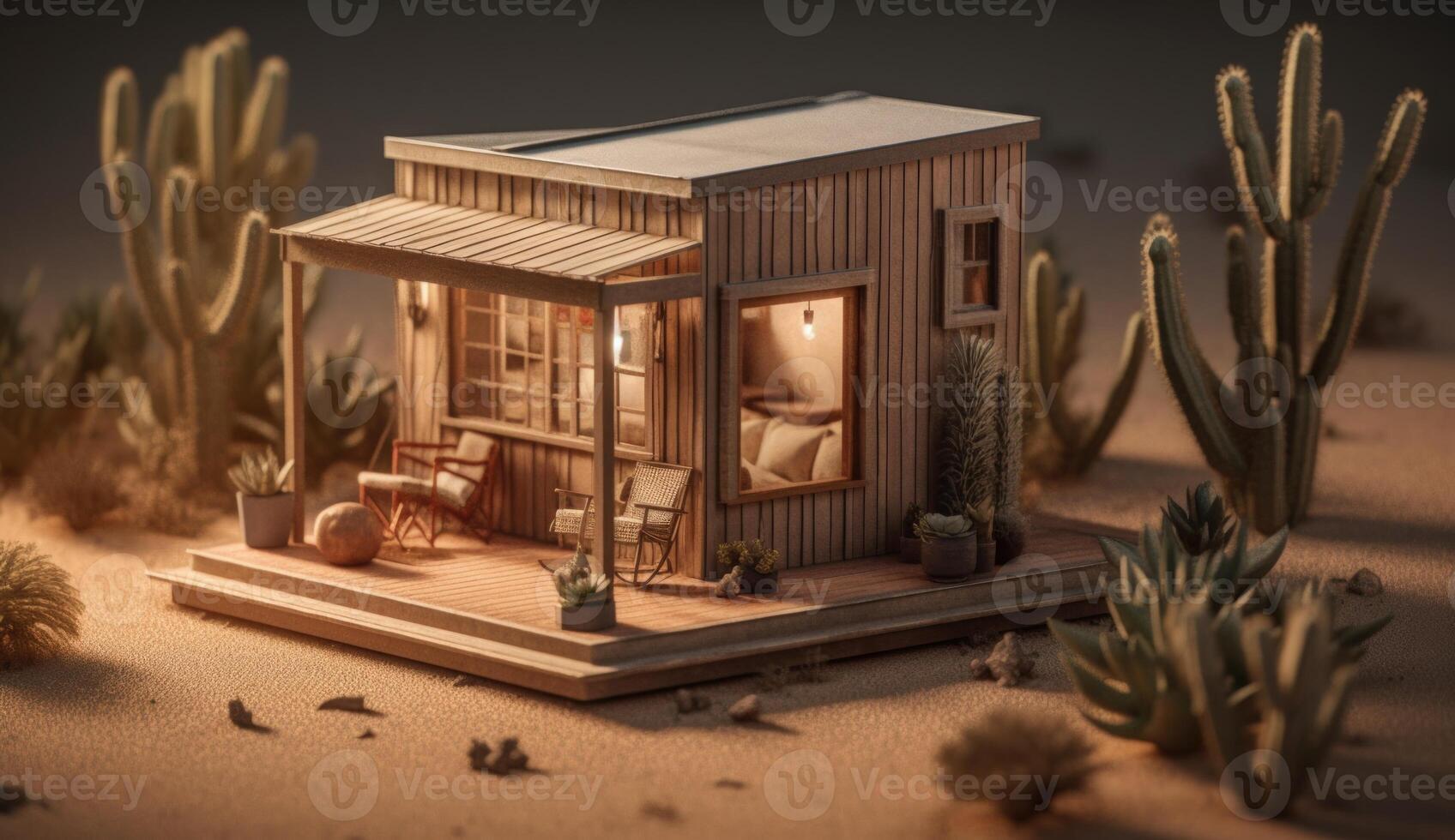 Photorealistic Fantasy House in the Desert, Equipped with Solar Panels for Sustainable Energy Solutions. photo