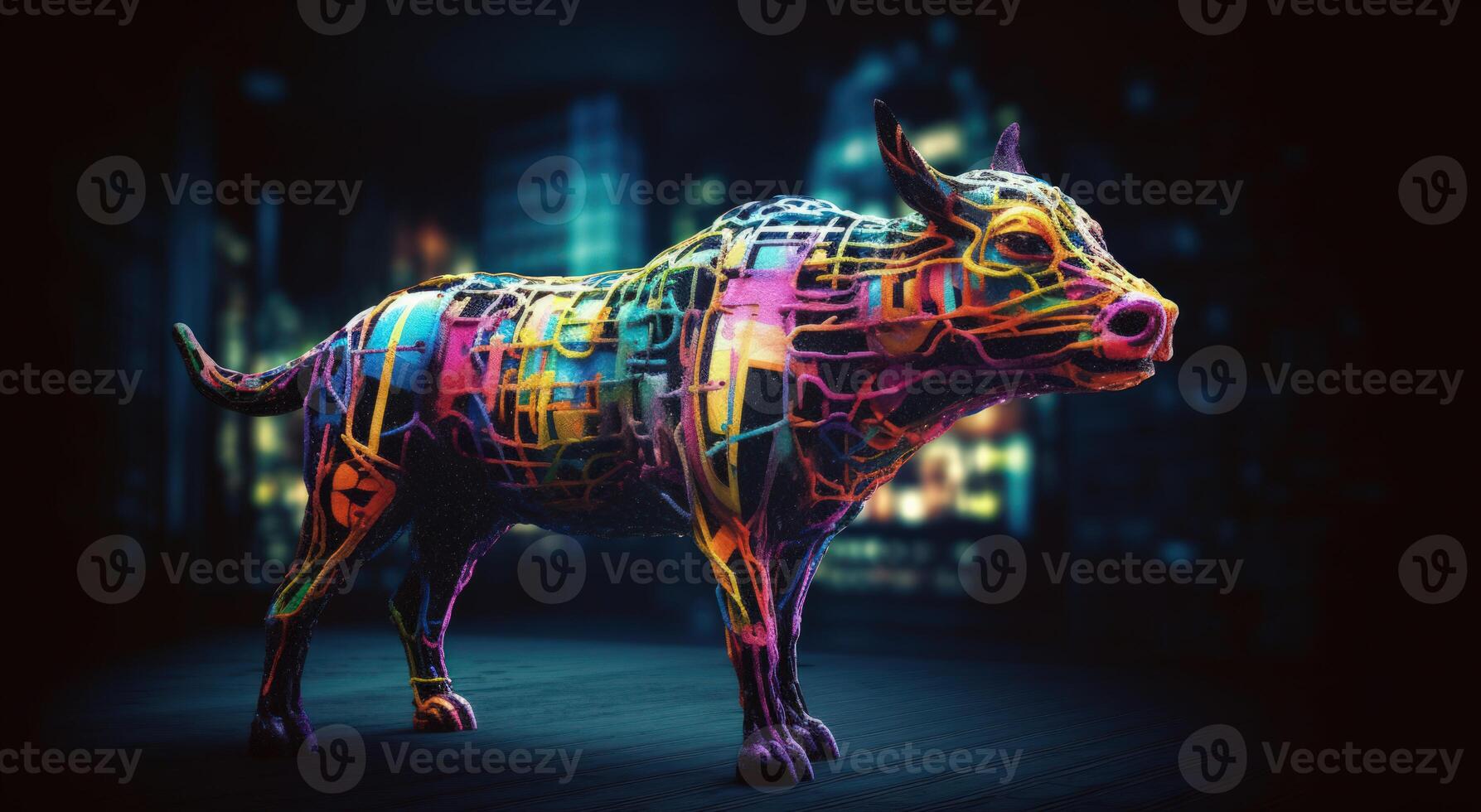 Silhouette of Bull Made of Colored Lines on Black Background, Financial Concept Representing Market Growth and Strength. photo