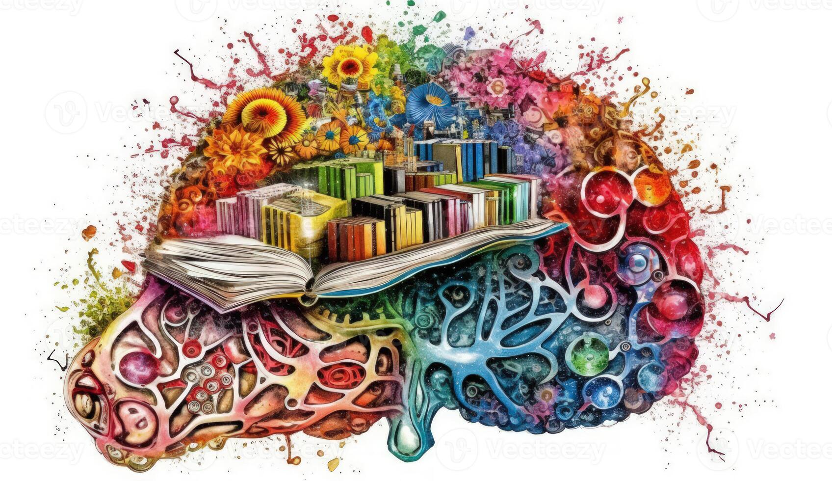 Brain with Colorful Gears and Books on white Background, Representing Education, Creativity, and Intellectual Growth. photo