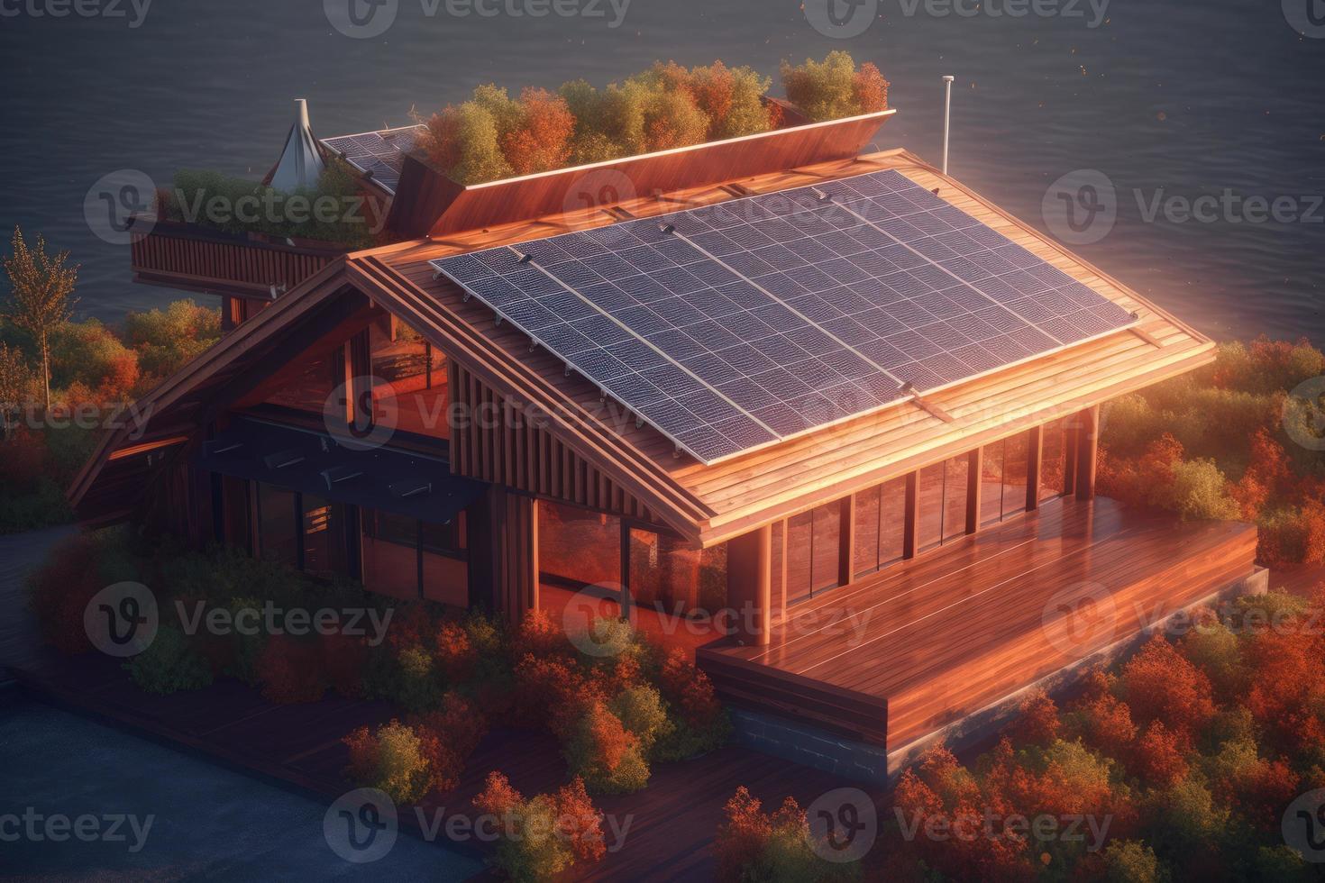 Photorealistic Solar Panels Installed on the Roof of a Modern House, Emphasizing the Use of Alternative Energy for a Sustainable Future. photo