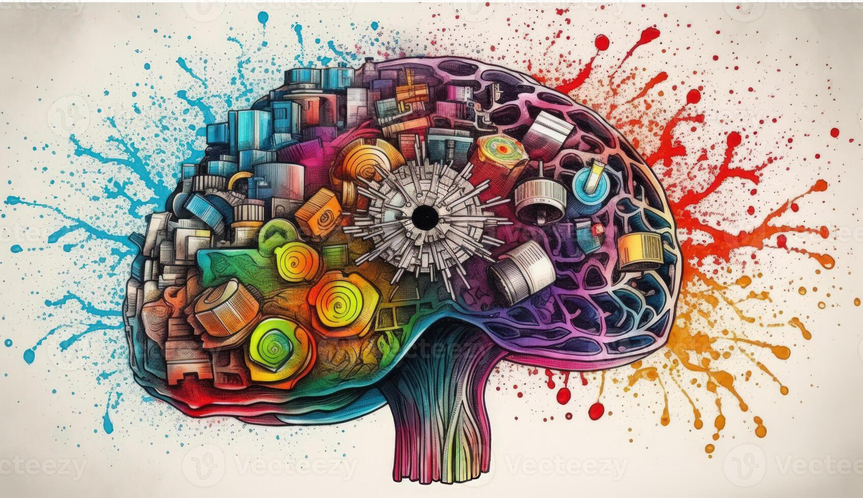 Brain with Colorful Gears and Books on white Background, Representing Education, Creativity, and Intellectual Growth. photo