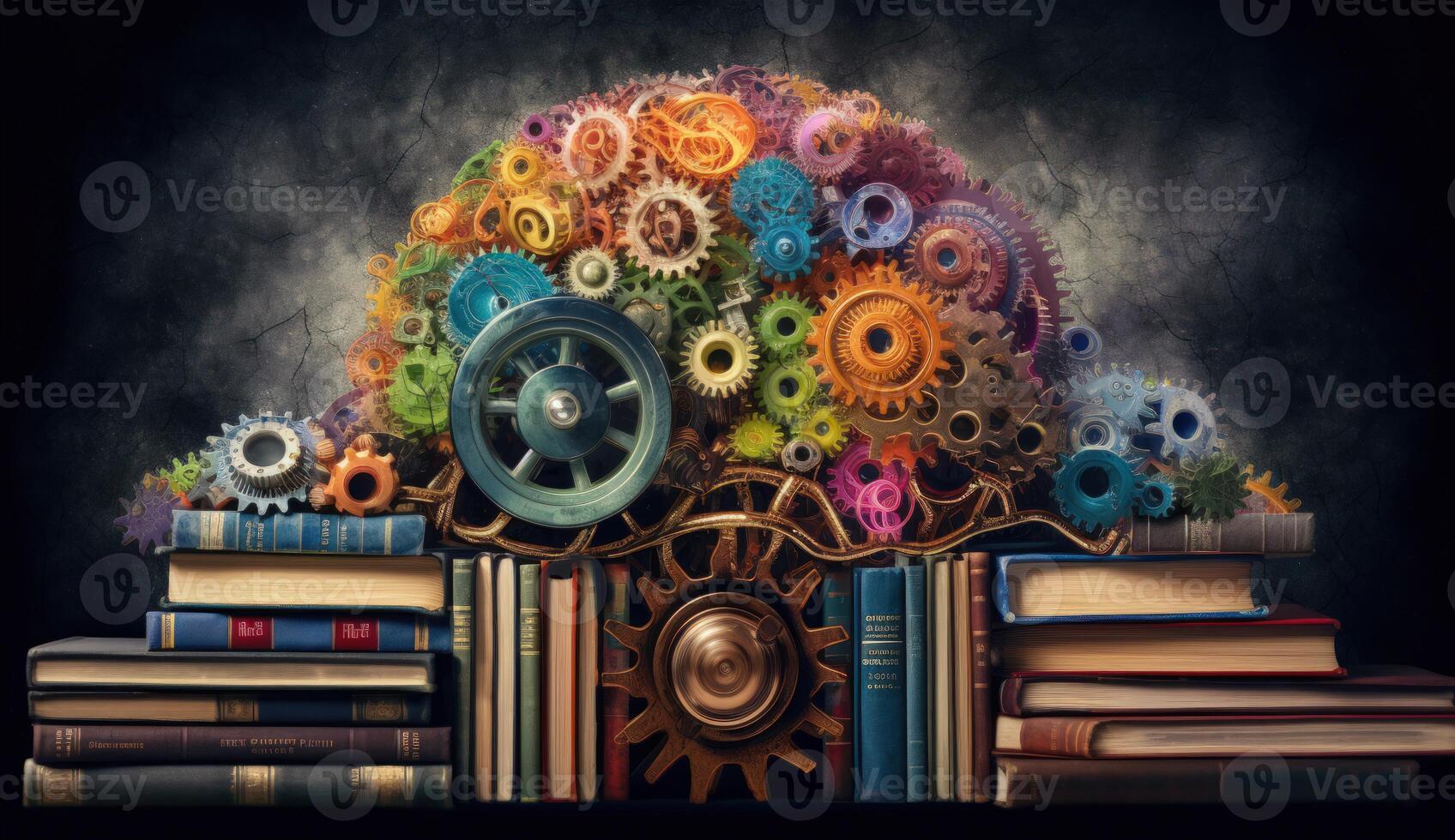 Brain with Colorful Gears and Books on Dark Background, Representing Education, Creativity, and Intellectual Growth. photo