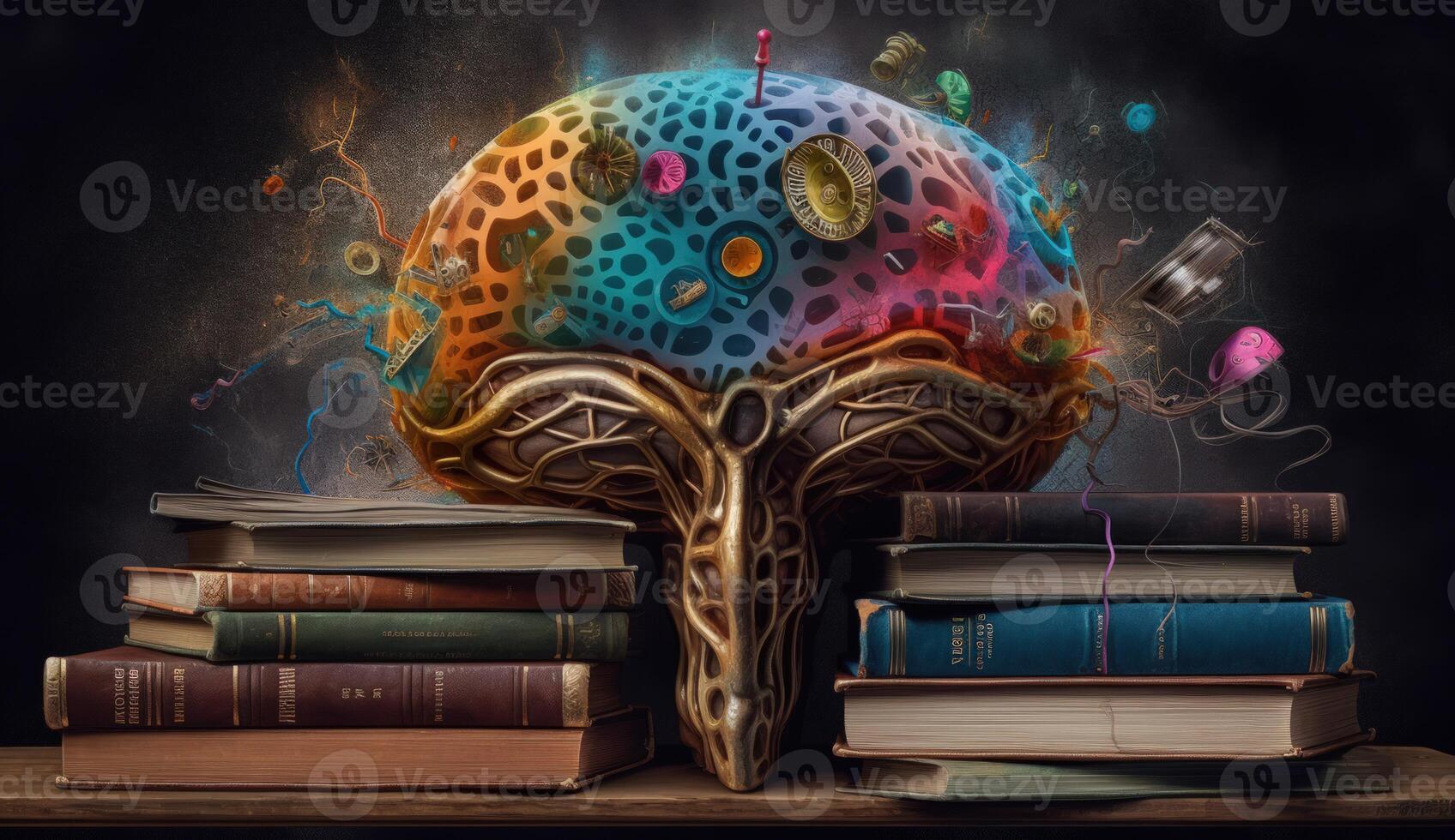 Brain with Colorful Gears and Books on Dark Background, Representing Education, Creativity, and Intellectual Growth. photo