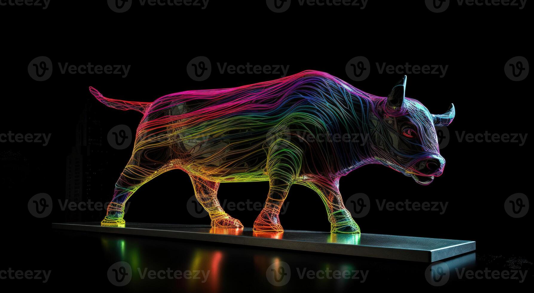 silueta de toro hecho de de colores líneas en negro fondo, financiero concepto representando mercado crecimiento y fortaleza. generativo ai foto