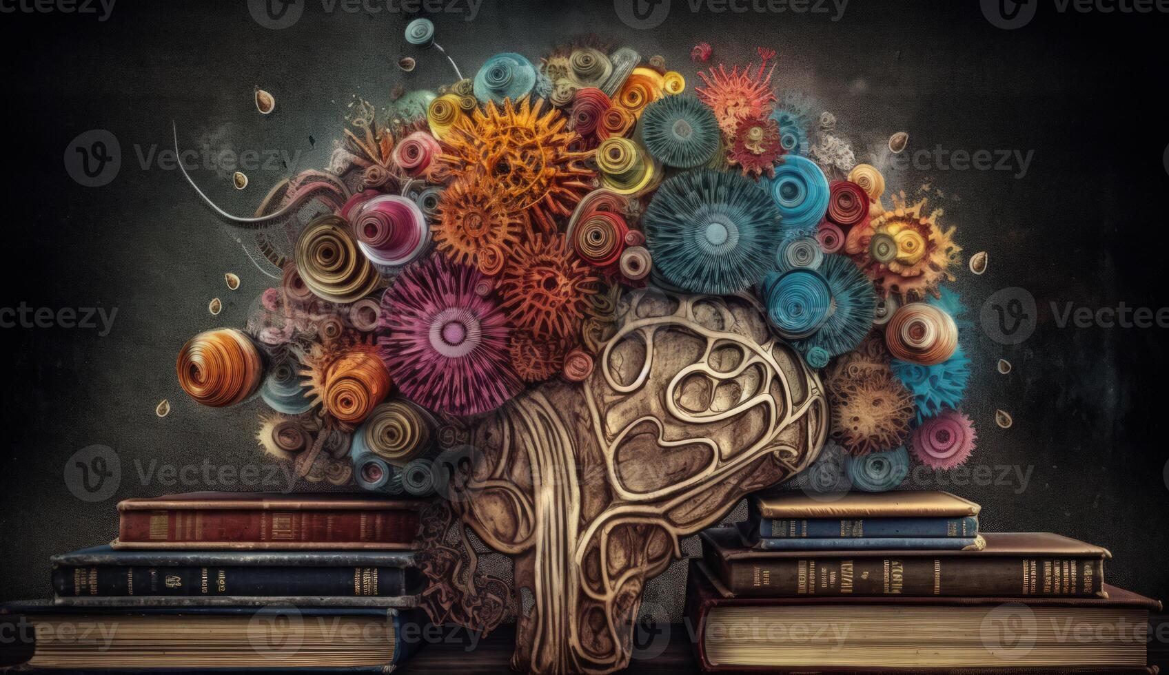 Brain with Colorful Gears and Books on Dark Background, Representing Education, Creativity, and Intellectual Growth. photo