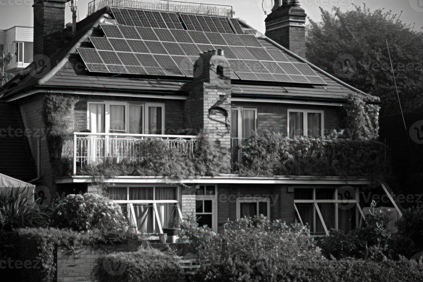 Photorealistic Solar Panels Installed on the Roof of a Modern House, Emphasizing the Use of Alternative Energy for a Sustainable Future. photo