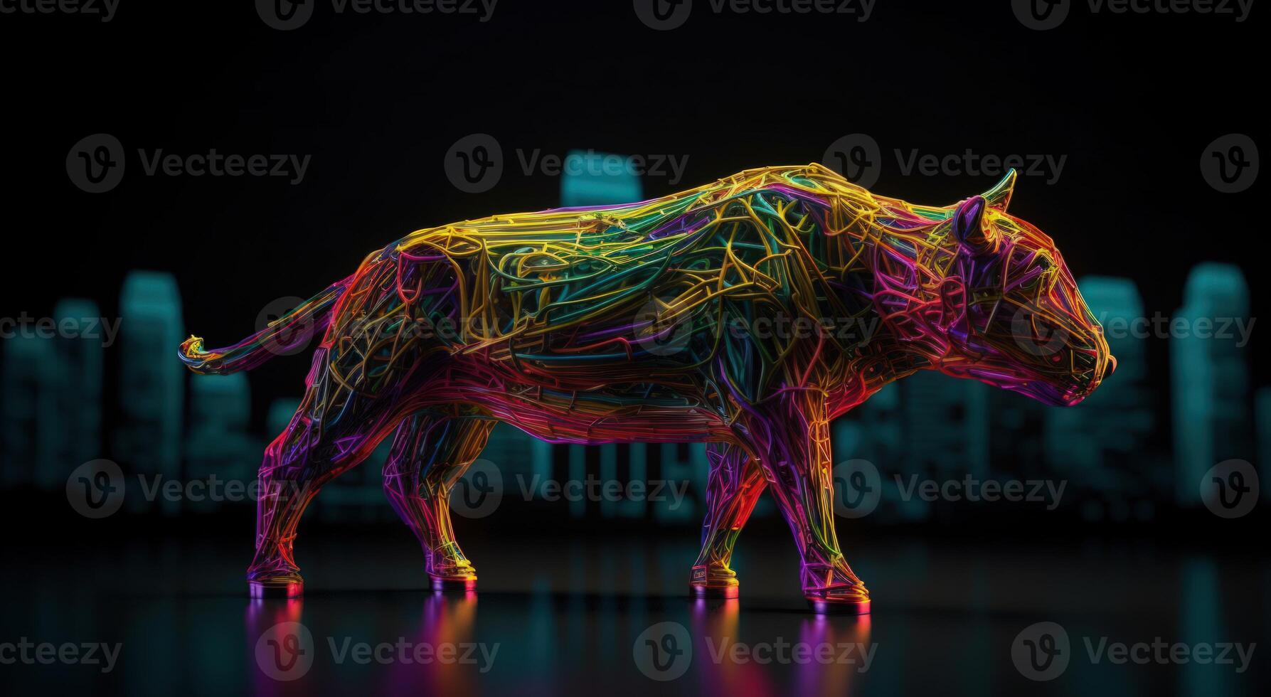 Silhouette of Bull Made of Colored Lines on Black Background, Financial Concept Representing Market Growth and Strength. photo