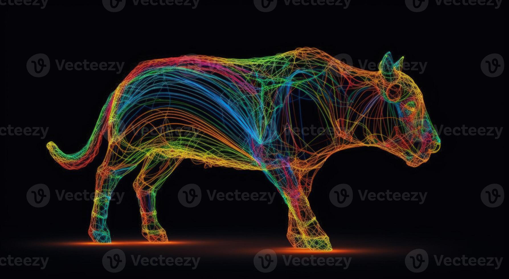 Silhouette of Bull Made of Colored Lines on Black Background, Financial Concept Representing Market Growth and Strength. photo